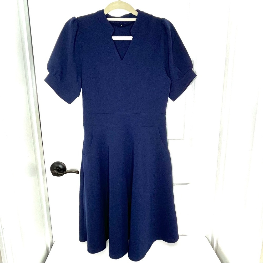 Mokayee Women’s Short Puff Sleeve Semi-Formal Fit & Flare Dress Navy Blue Size M